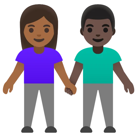 The woman and man holding hands: medium-dark skin tone, dark skin tone emoji.