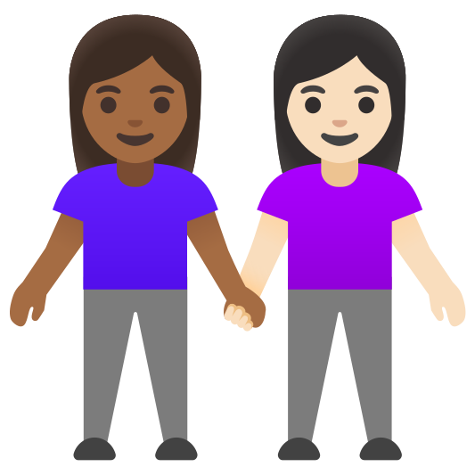 The women holding hands: medium-dark skin tone, light skin tone emoji.