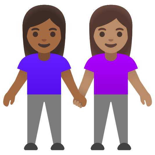 The women holding hands: medium-dark skin tone, medium skin tone emoji.