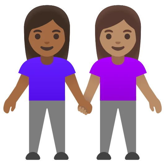 The women holding hands: medium-dark skin tone, medium skin tone emoji.