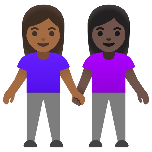 The women holding hands: medium-dark skin tone, dark skin tone emoji.