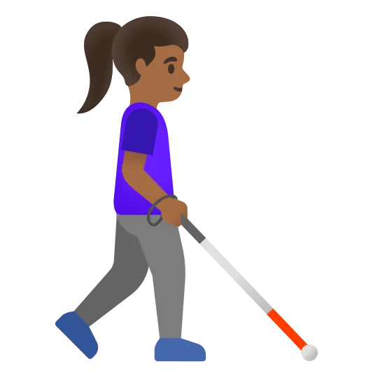 The woman with white cane facing right: medium-dark skin tone emoji.