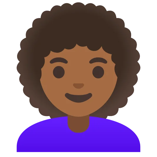 The woman: curly hair: medium-dark skin tone emoji.