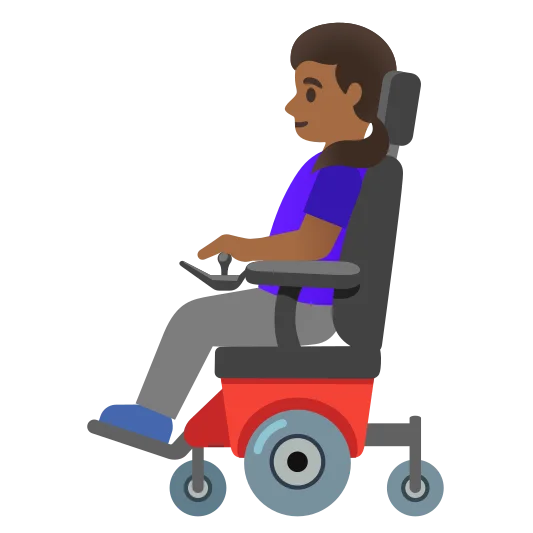 The woman in motorized wheelchair: medium-dark skin tone emoji.