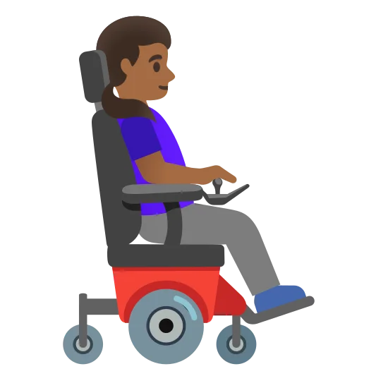 The woman in motorized wheelchair facing right: medium-dark skin tone emoji.