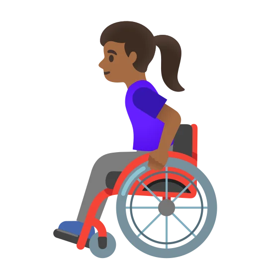 The woman in manual wheelchair: medium-dark skin tone emoji.