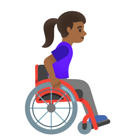 The woman in manual wheelchair facing right: medium-dark skin tone emoji.