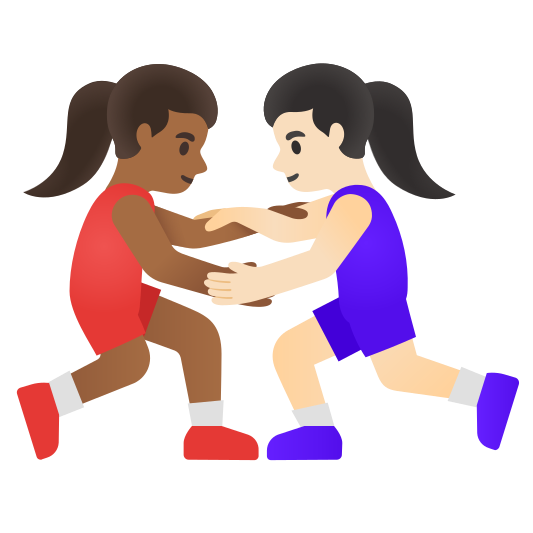 The women wrestling: medium-dark skin tone, light skin tone emoji.