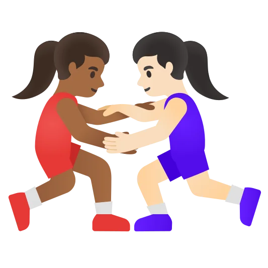 The women wrestling: medium-dark skin tone, light skin tone emoji.