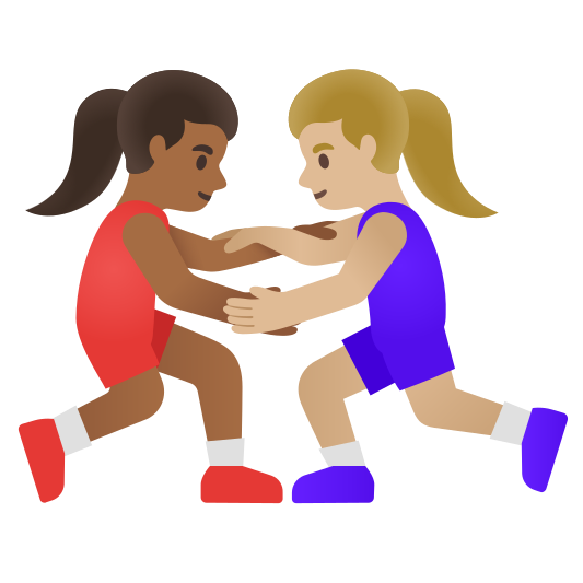 The women wrestling: medium-dark skin tone, medium-light skin tone emoji.