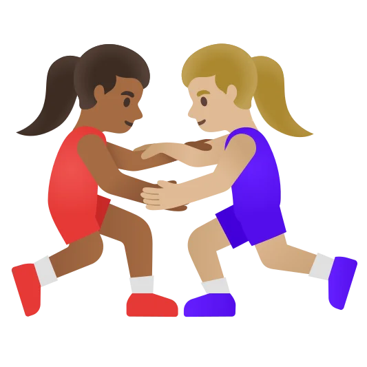 The women wrestling: medium-dark skin tone, medium-light skin tone emoji.