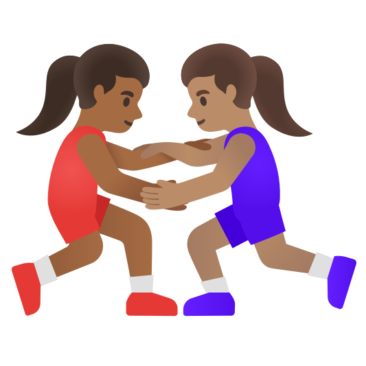 The women wrestling: medium-dark skin tone, medium skin tone emoji.