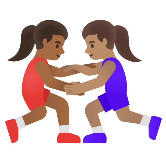 The women wrestling: medium-dark skin tone, medium skin tone emoji.