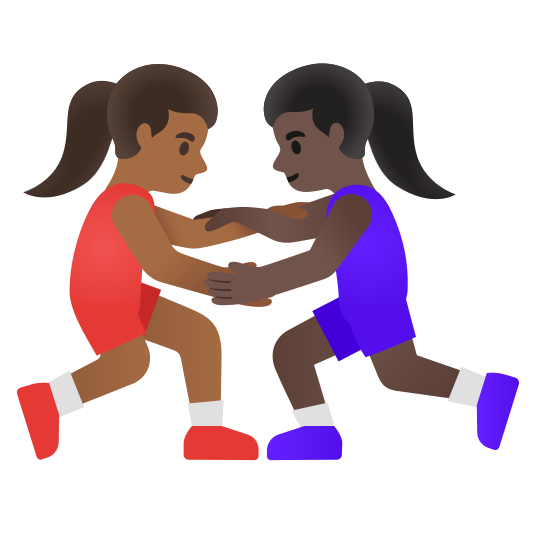 The women wrestling: medium-dark skin tone, dark skin tone emoji.