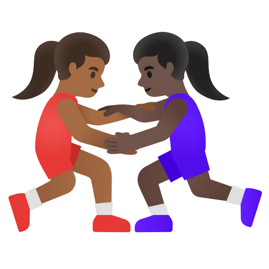 The women wrestling: medium-dark skin tone, dark skin tone emoji.