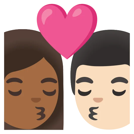 The kiss: woman, man: medium-dark skin tone, light skin tone emoji.