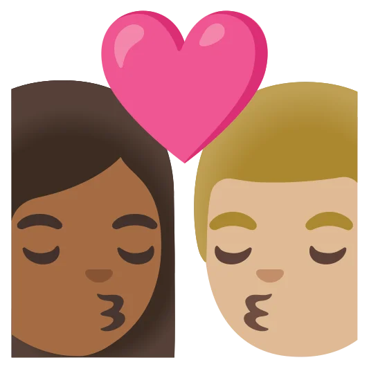 The kiss: woman, man: medium-dark skin tone, medium-light skin tone emoji.
