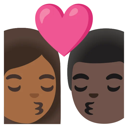 The kiss: woman, man: medium-dark skin tone, dark skin tone emoji.