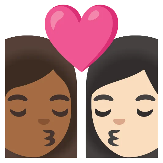 The kiss: woman, woman: medium-dark skin tone, light skin tone emoji.