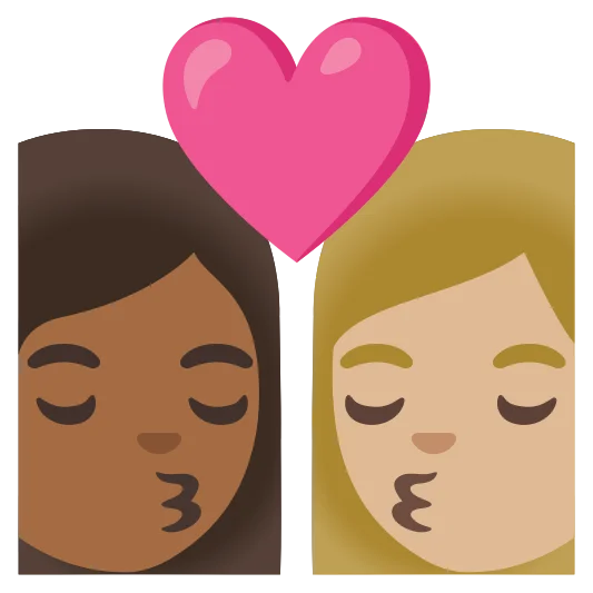 The kiss: woman, woman: medium-dark skin tone, medium-light skin tone emoji.