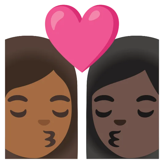 The kiss: woman, woman: medium-dark skin tone, dark skin tone emoji.