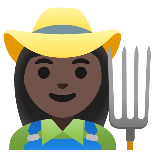 The woman farmer: dark skin tone emoji.