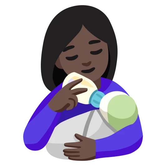 The woman feeding baby: dark skin tone emoji.
