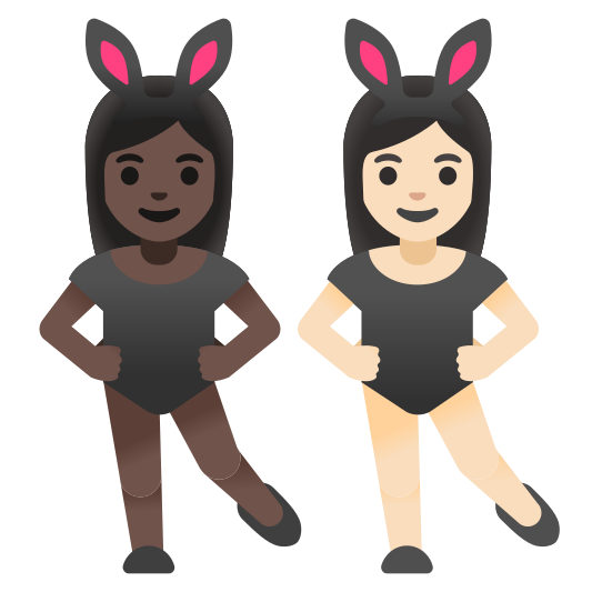 The women with bunny ears: dark skin tone, light skin tone emoji.