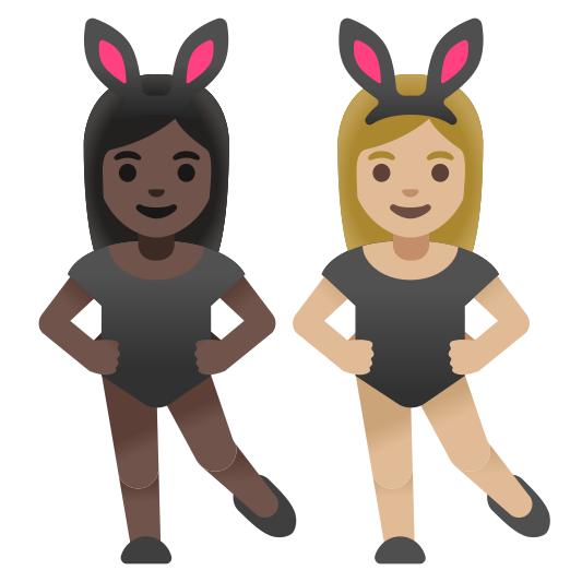 The women with bunny ears: dark skin tone, medium-light skin tone emoji.