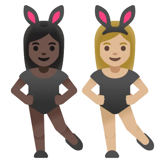 The women with bunny ears: dark skin tone, medium-light skin tone emoji.