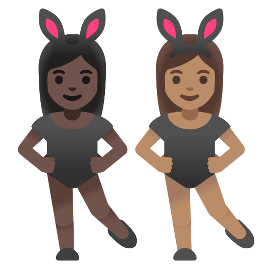 The women with bunny ears: dark skin tone, medium skin tone emoji.