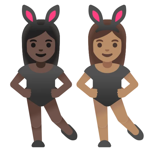 The women with bunny ears: dark skin tone, medium skin tone emoji.