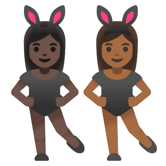 The women with bunny ears: dark skin tone, medium-dark skin tone emoji.