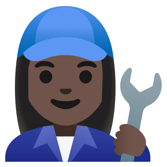 The woman mechanic: dark skin tone emoji.