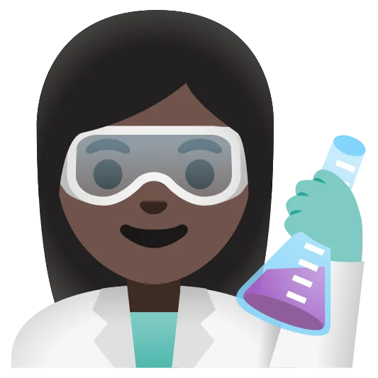 The woman scientist: dark skin tone emoji.