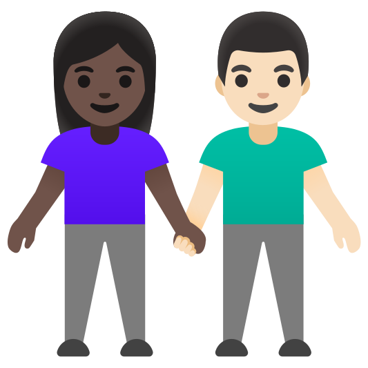 The woman and man holding hands: dark skin tone, light skin tone emoji.