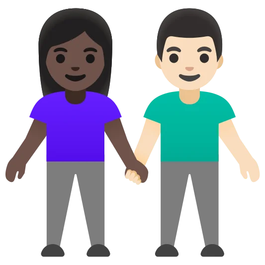 The woman and man holding hands: dark skin tone, light skin tone emoji.