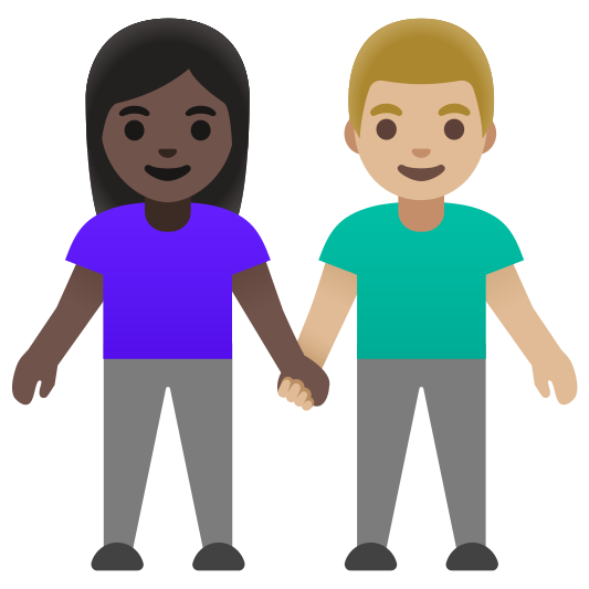 The woman and man holding hands: dark skin tone, medium-light skin tone emoji.