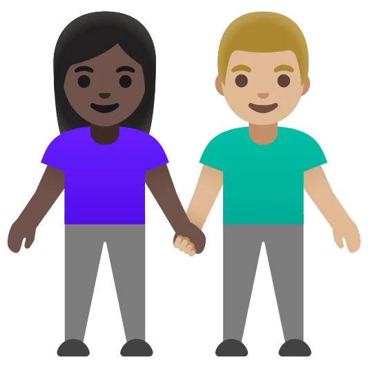 The woman and man holding hands: dark skin tone, medium-light skin tone emoji.