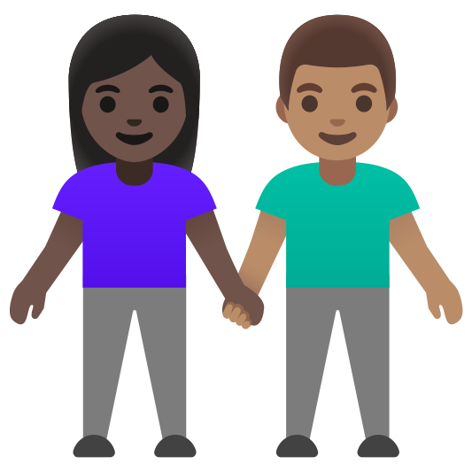 The woman and man holding hands: dark skin tone, medium skin tone emoji.