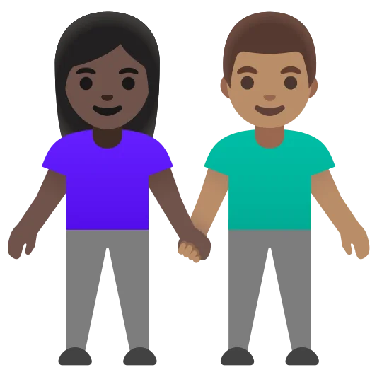 The woman and man holding hands: dark skin tone, medium skin tone emoji.