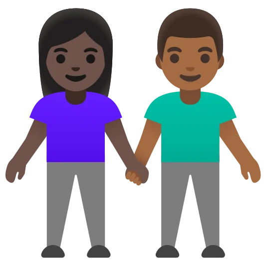 The woman and man holding hands: dark skin tone, medium-dark skin tone emoji.