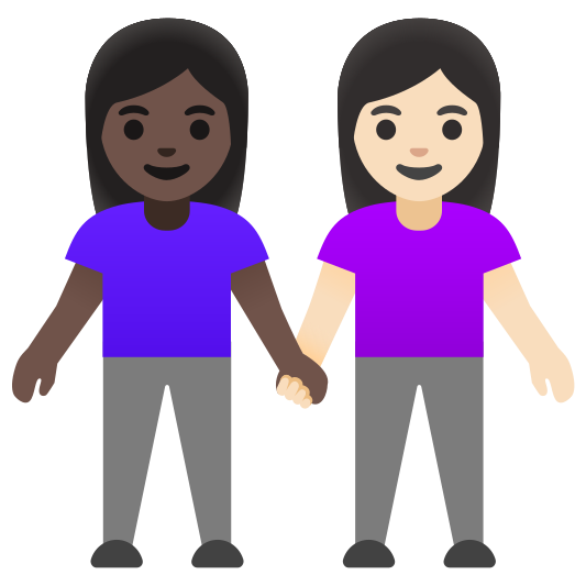 The women holding hands: dark skin tone, light skin tone emoji.