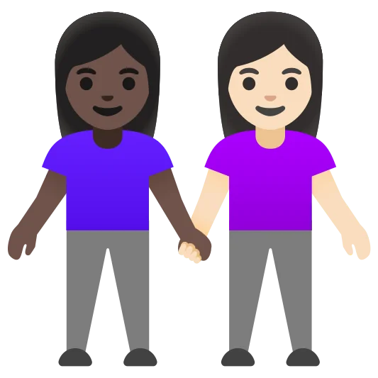 The women holding hands: dark skin tone, light skin tone emoji.
