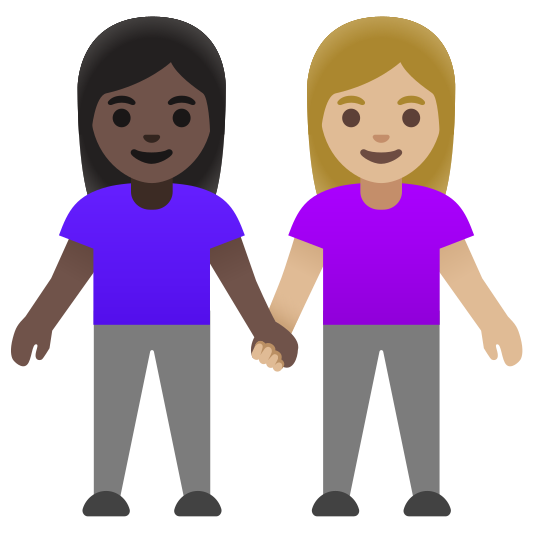 The women holding hands: dark skin tone, medium-light skin tone emoji.