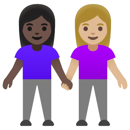 The women holding hands: dark skin tone, medium-light skin tone emoji.