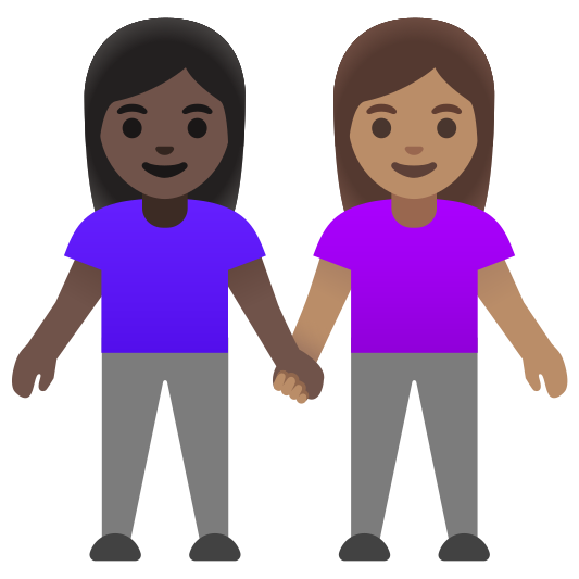 The women holding hands: dark skin tone, medium skin tone emoji.