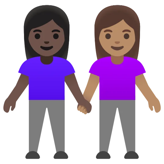 The women holding hands: dark skin tone, medium skin tone emoji.