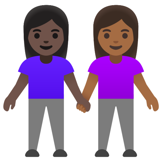 The women holding hands: dark skin tone, medium-dark skin tone emoji.