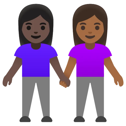 The women holding hands: dark skin tone, medium-dark skin tone emoji.